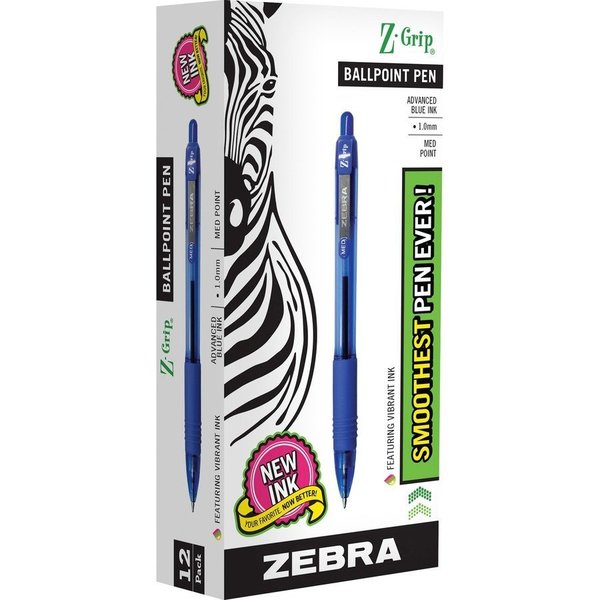 Zebra Pen Ballpoint Pen, Retractable, 1.0mm Med.Pt, Cl/Blue Ink PK ZEB22220